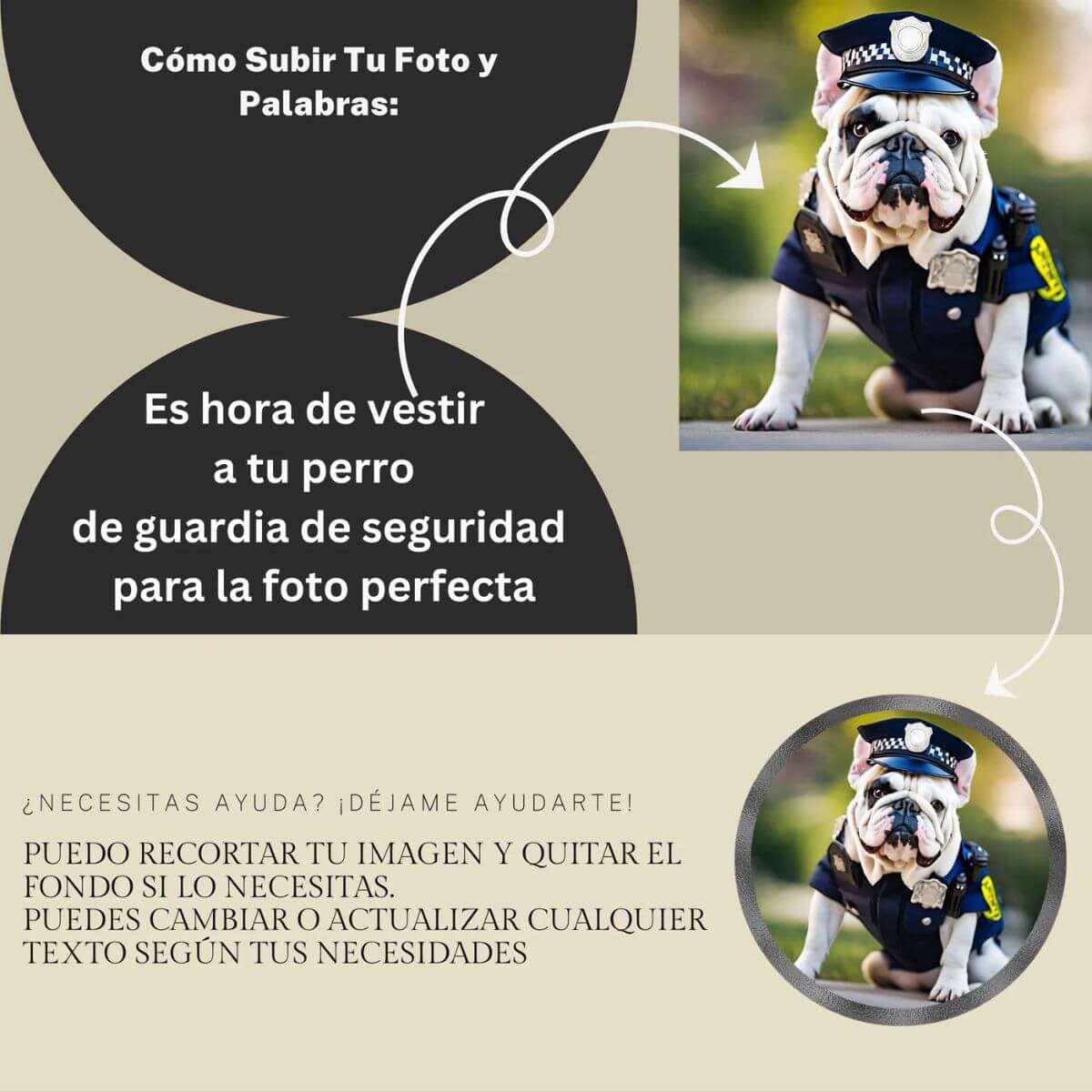 Instrucciones visuales para personalizar tu huella: sube una foto de tu perro vestido como guardia de seguridad y añade su nombre para completar el diseño