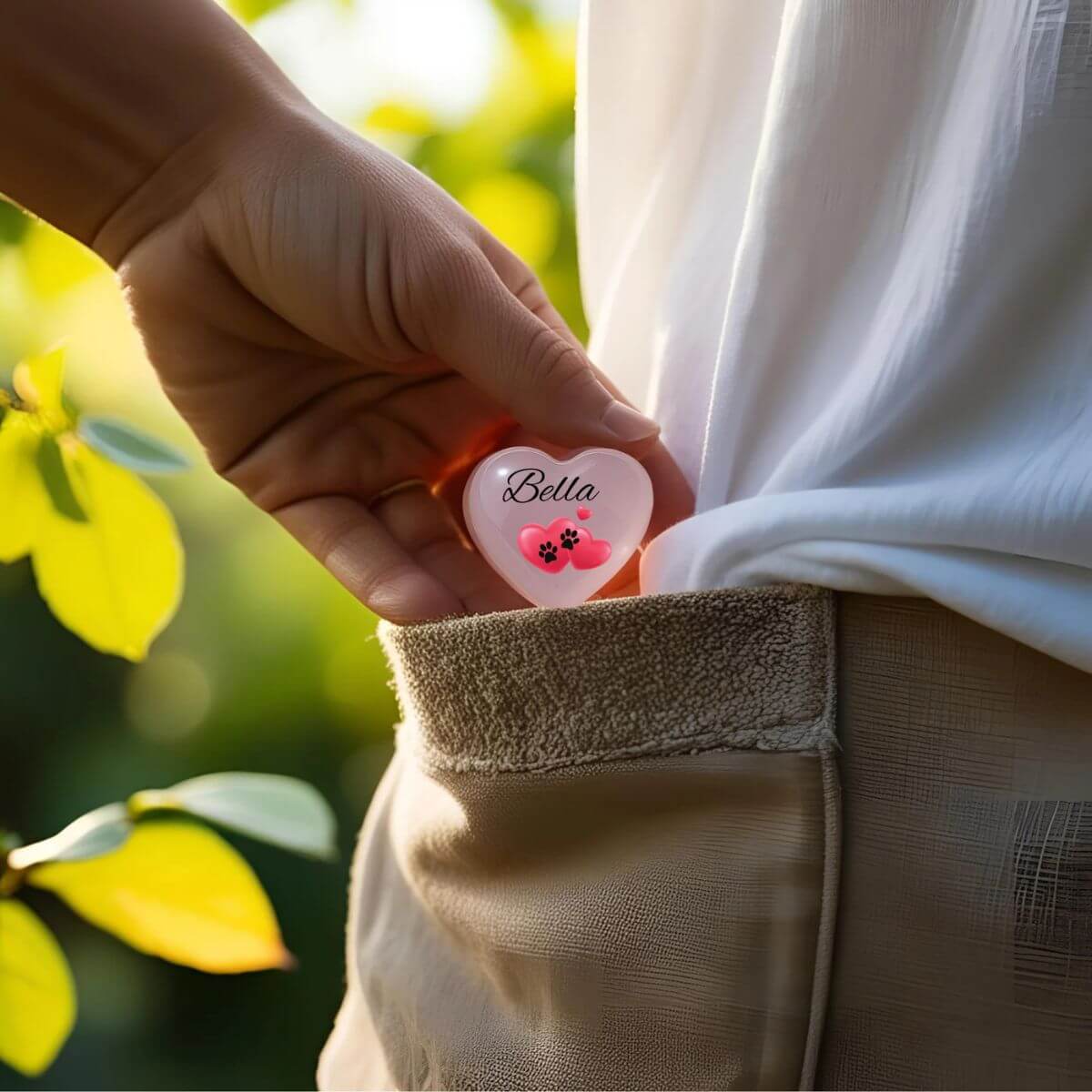 Corazón de cuarzo rosa personalizado sostenido en un bolsillo trasero, muestra su tamaño compacto. Recuerdo sentimental para llevar siempre contigo.

