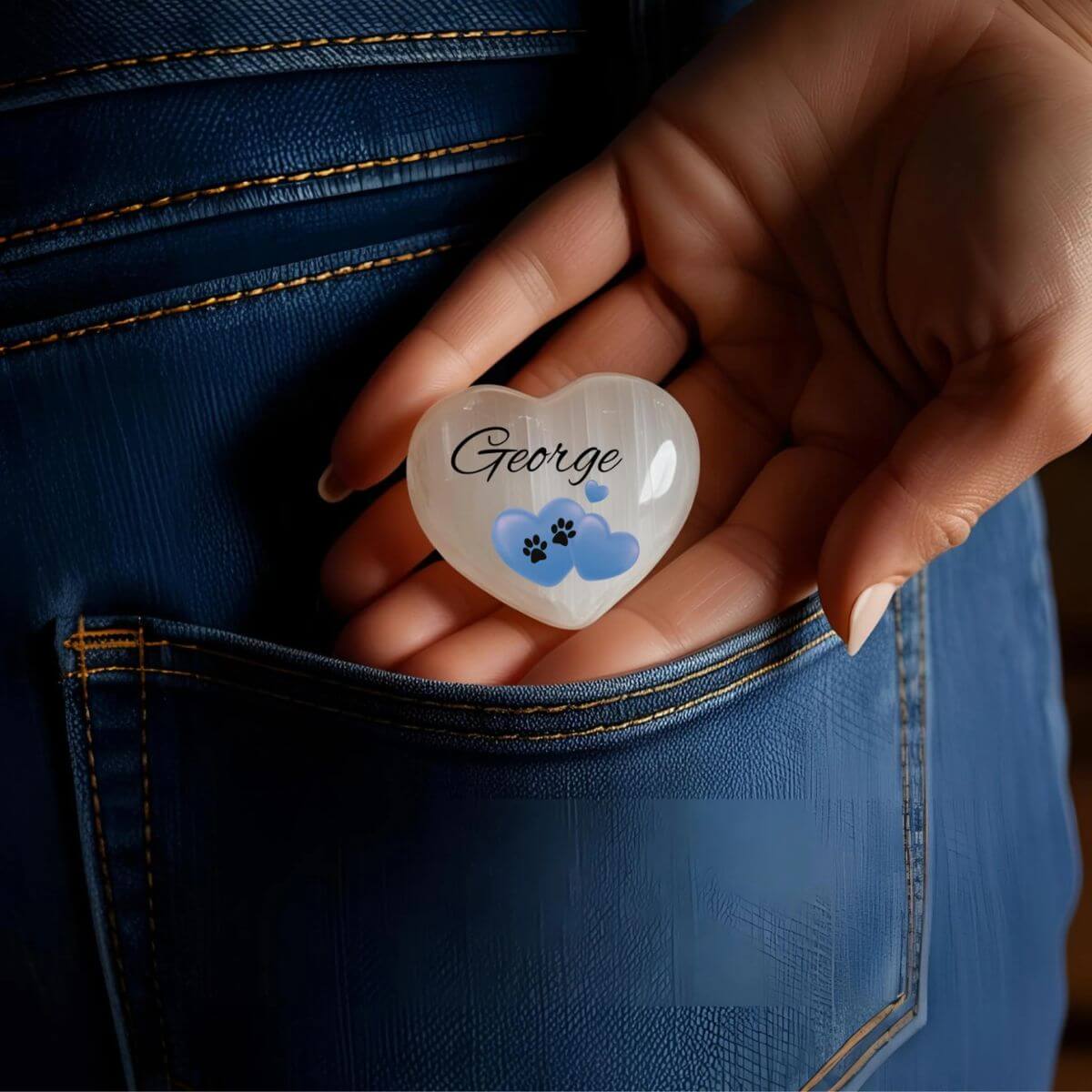 Corazón de selenita personalizado mostrando su tamaño compacto al colocarse en un bolsillo trasero. Recuerdo sentimental para llevar siempre contigo.

