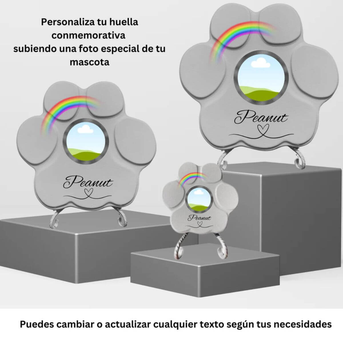 Ejemplo de huellas conmemorativas personalizadas en tamaños pequeño, mediano y grande, mostrando la ubicación del nombre y la foto de la mascota en la lápida para mascotas