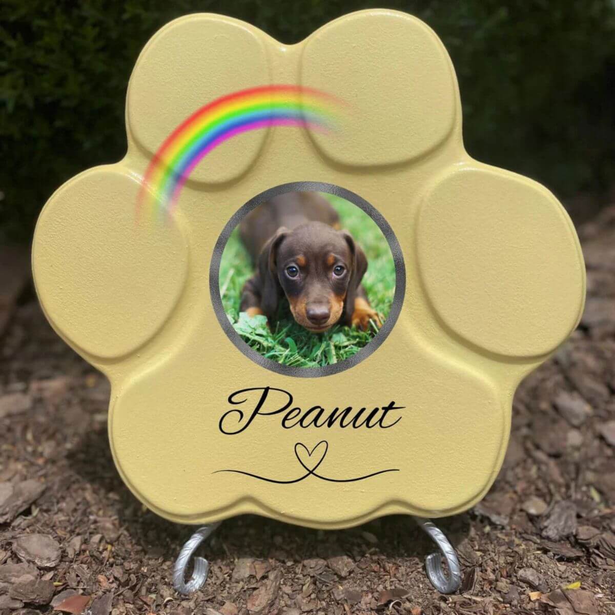 Placa conmemorativa personalizada para perro o gato en piedra amarilla grande con soporte, foto y arcoíris