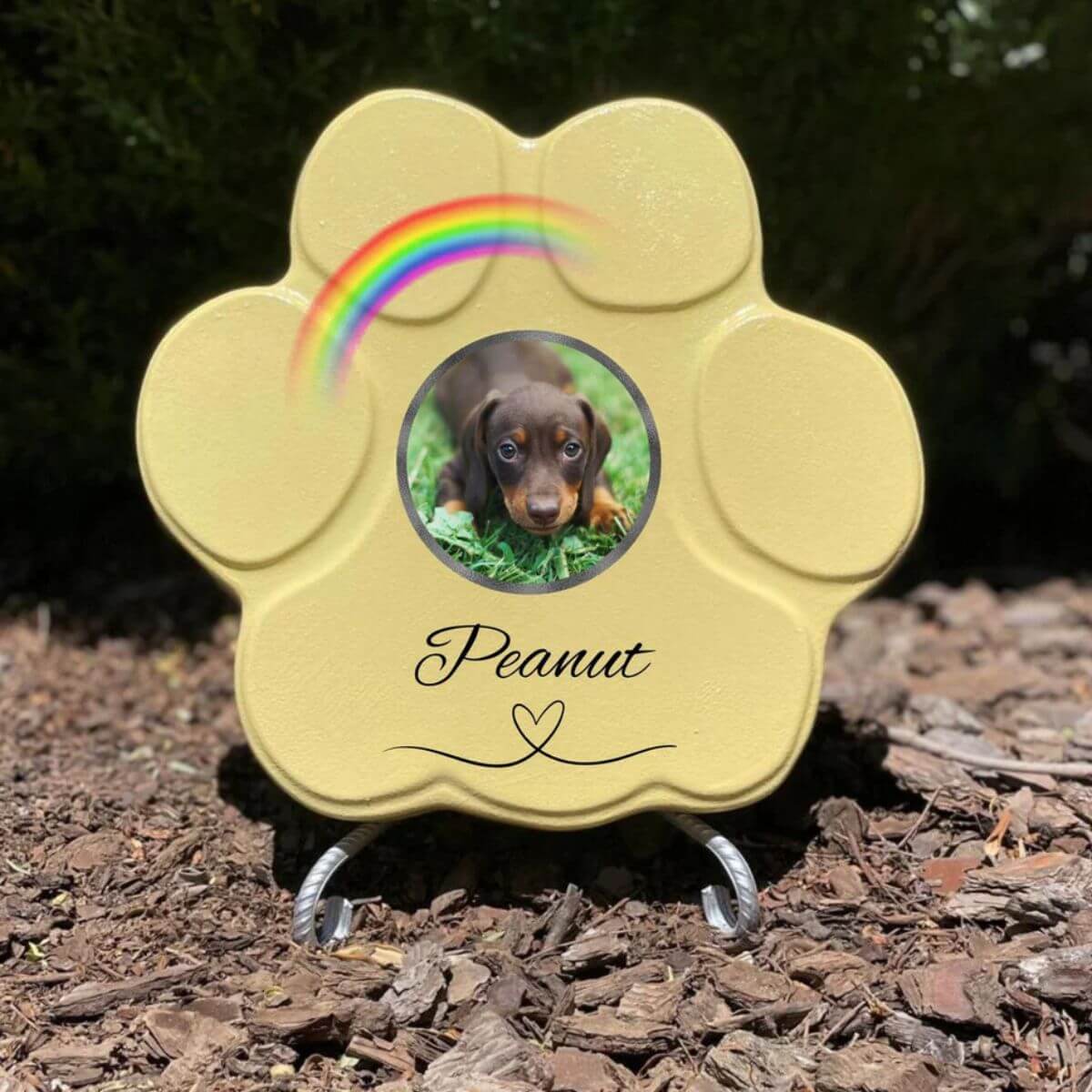 Placa conmemorativa personalizada para perro o gato en piedra amarilla mediana con soporte, foto y arcoíris

