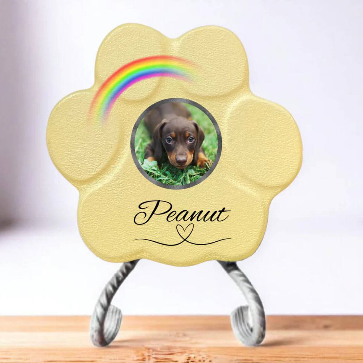 Placa conmemorativa  personalizada para perro o gato en piedra amarilla pequeña con soporte, foto y arcoíris