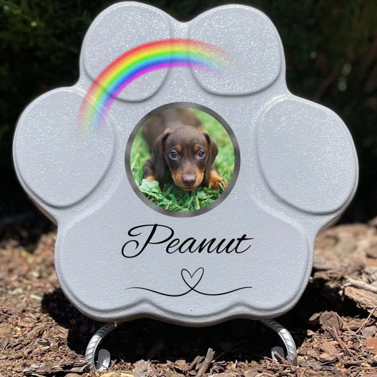 Placa conmemorativa personalizada para perro o gato en piedra gris grande con soporte, foto y arcoíris