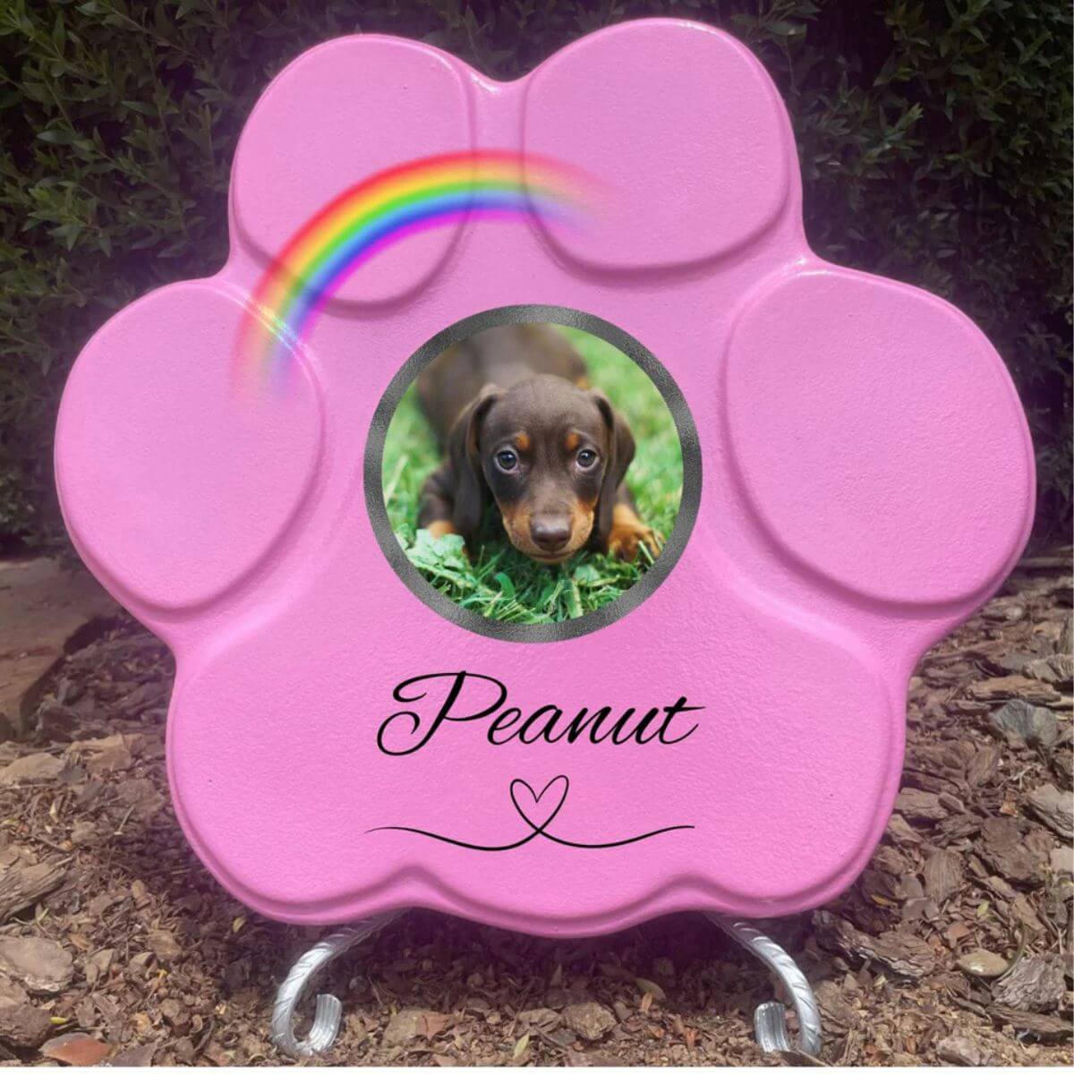 Placa conmemorativa personalizada para perro o gato en piedra rosa grande con soporte, foto y arcoíris