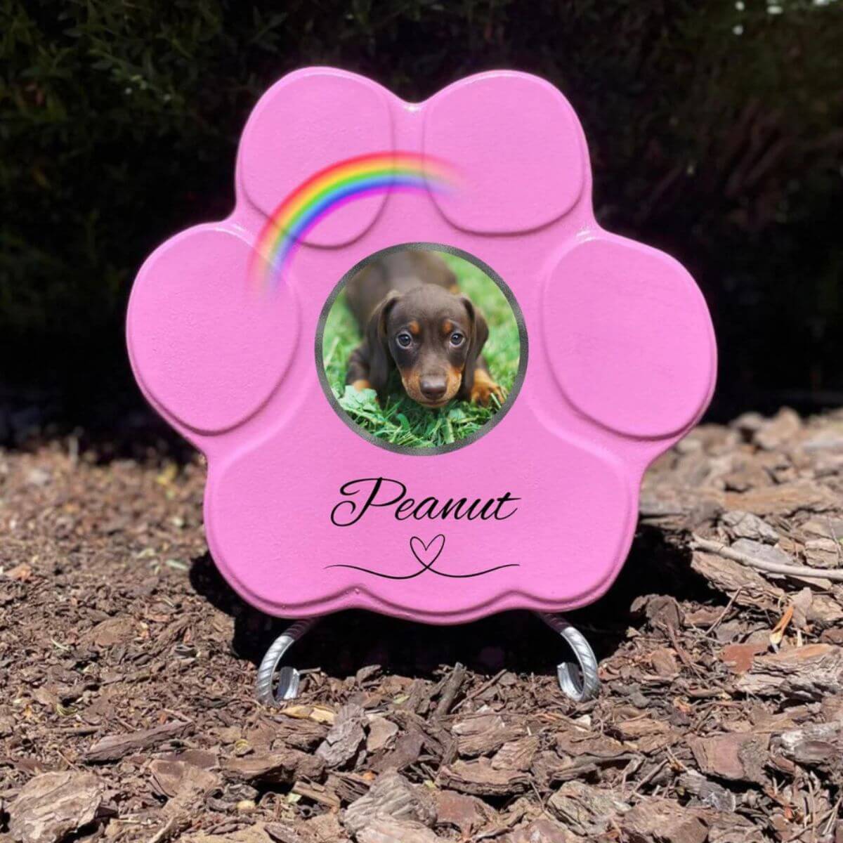 Placa conmemorativa personalizada para perro o gato en piedra rosa mediana con soporte, foto y arcoíris
