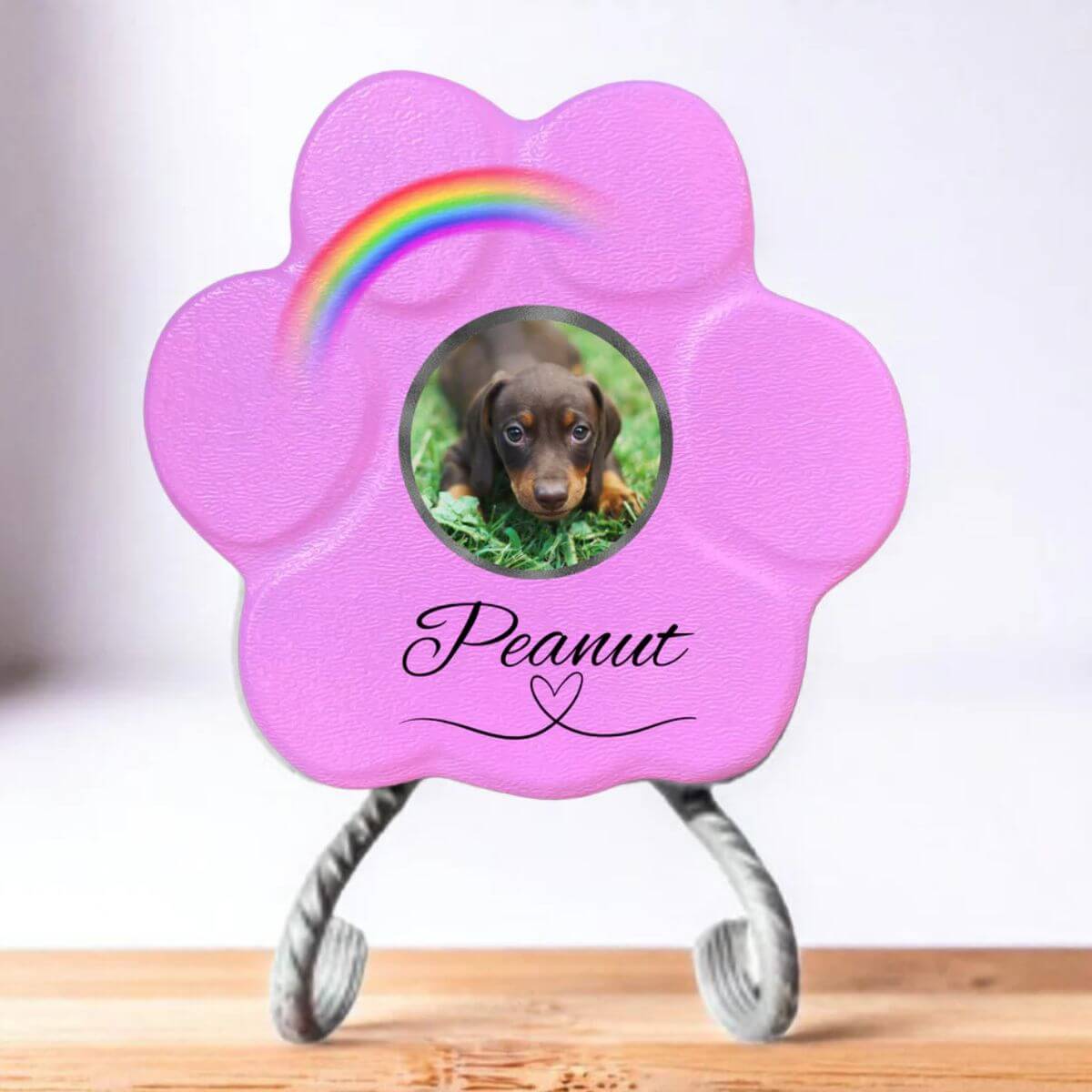 Placa conmemorativa  personalizada para perro o gato en piedra rosa pequeña con soporte, foto y arcoíris