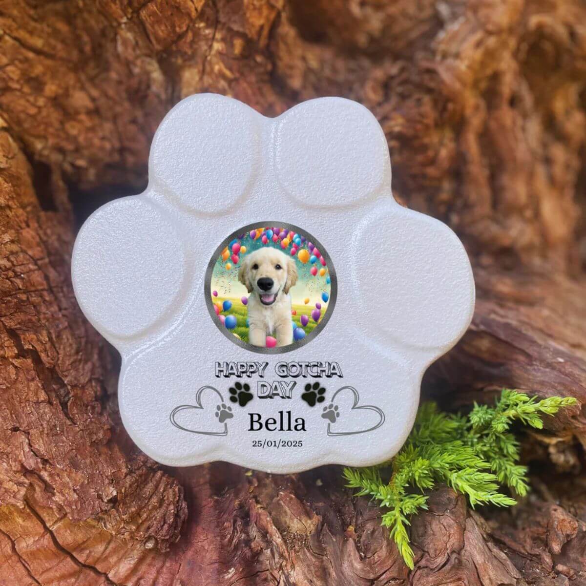 Imagen de la huella de piedra personalizada Pequeno gris sin soporte, con foto, nombre y mensaje happy gotcha day— regalo ideal para amantes de las mascotas.

