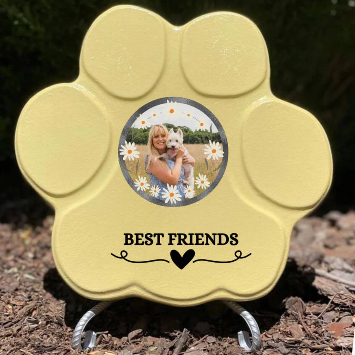Regalo personalizado “Best Friends” con foto de mascota, color amarillo, tamaño grande, con soporte
