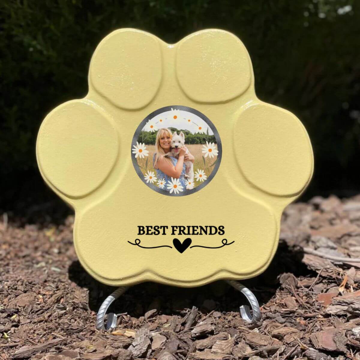 Regalo personalizado “Best Friends” con foto de mascota, color amarillo, tamaño mediano, con soporte