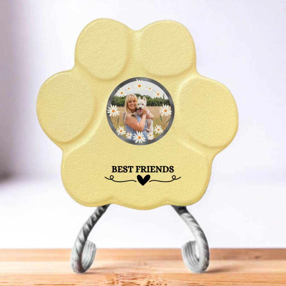 Regalo personalizado “Best Friends” con foto de mascota, color amarillo, tamaño pequeño, con soporte