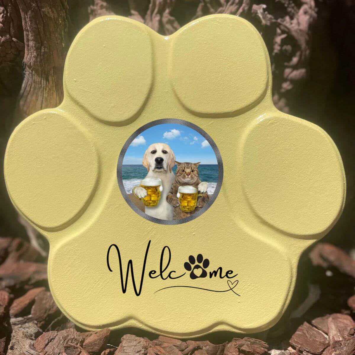 Huella personalizada amarillo grande sin soporte, incluye imagen divertida de perro y gato. Regalo original y único para amantes de mascotas.