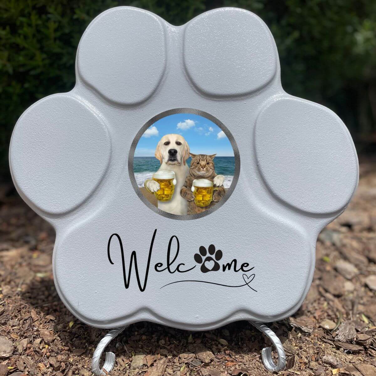 Huella personalizada gris grande con soporte, incluye imagen divertida de perro y gato. Regalo original y único para amantes de mascotas.