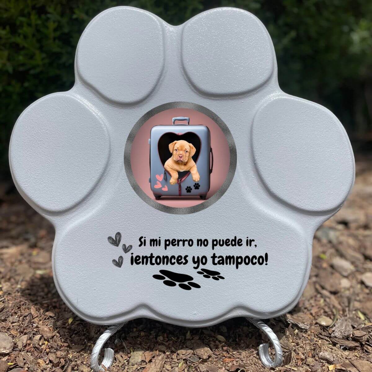 Regalo divertido con foto de perro en maleta, color gris, tamaño grande, con soporte