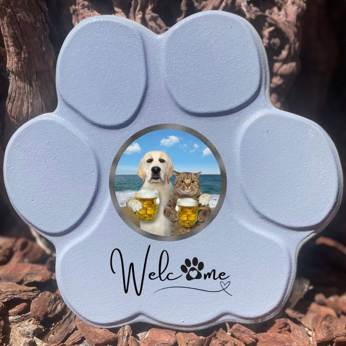 Huella personalizada gris grande sin soporte, incluye imagen divertida de perro y gato. Regalo original y único para amantes de mascotas.