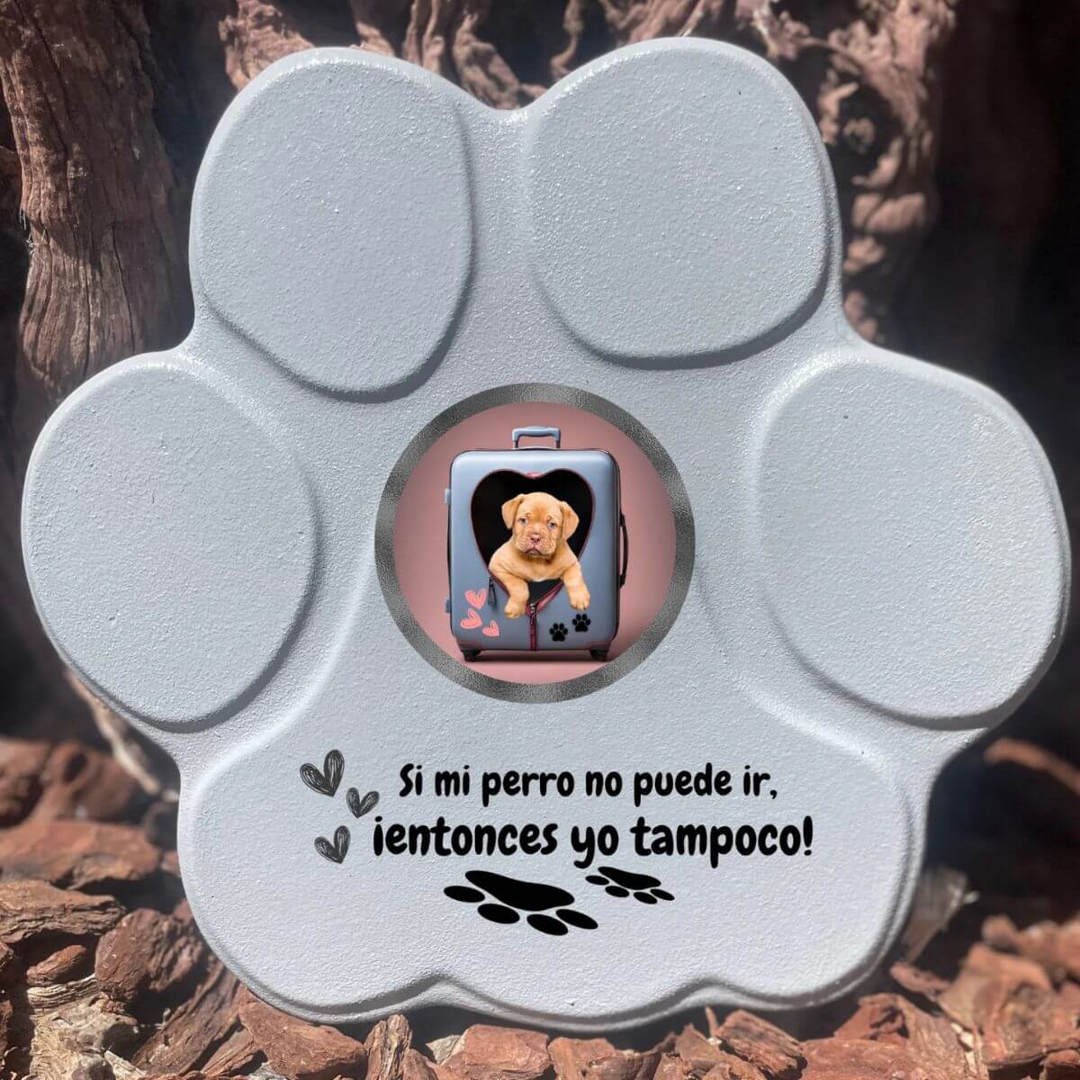 Regalo divertido con foto de perro en maleta, color gris, tamaño grande, sin soporte