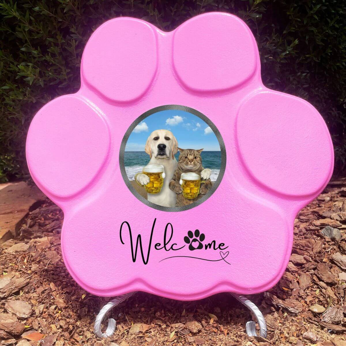 Huella personalizada rosa grande con soporte, incluye imagen divertida de perro y gato. Regalo original y único para amantes de mascotas.