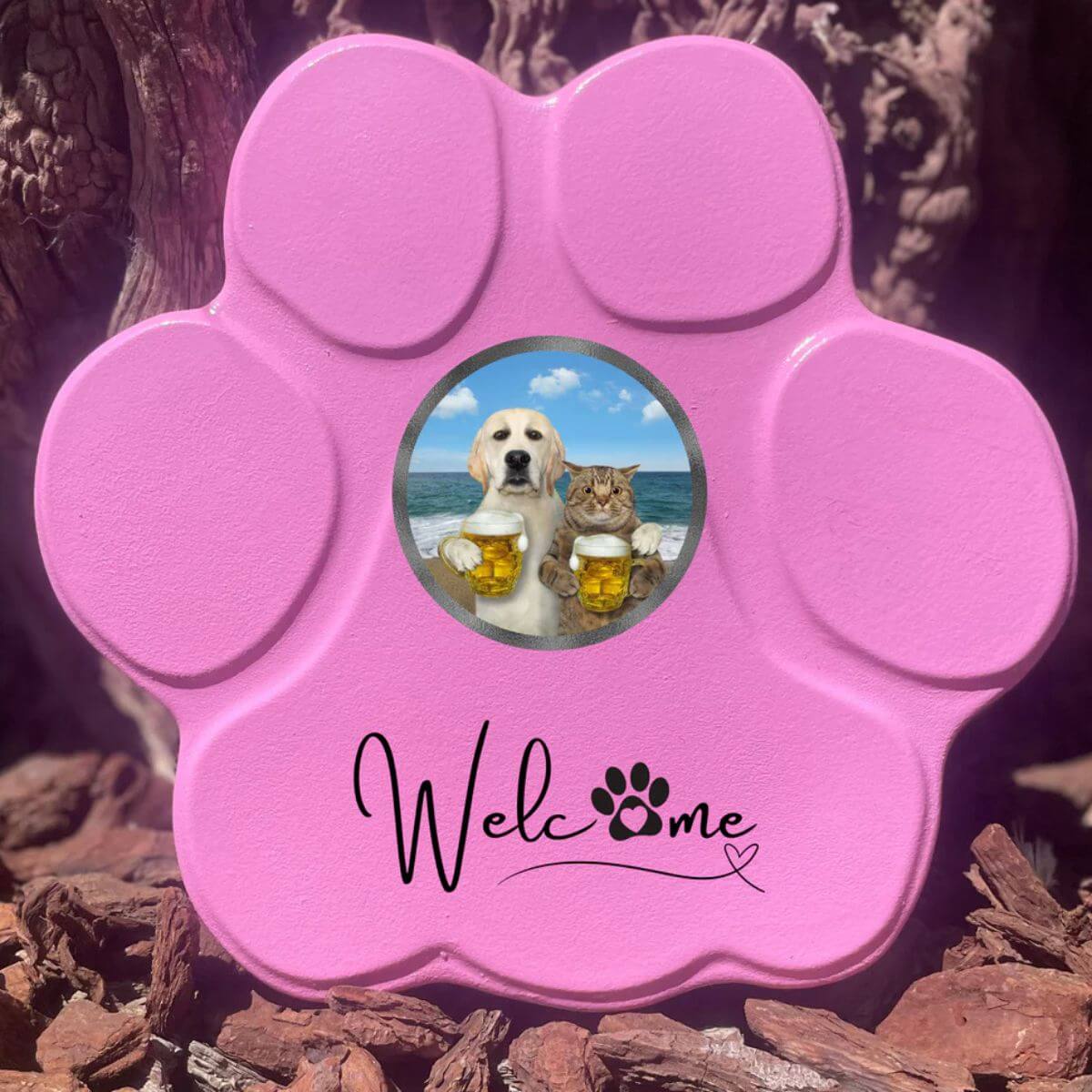 Huella personalizada rosa grande sin soporte, incluye imagen divertida de perro y gato. Regalo original y único para amantes de mascotas.