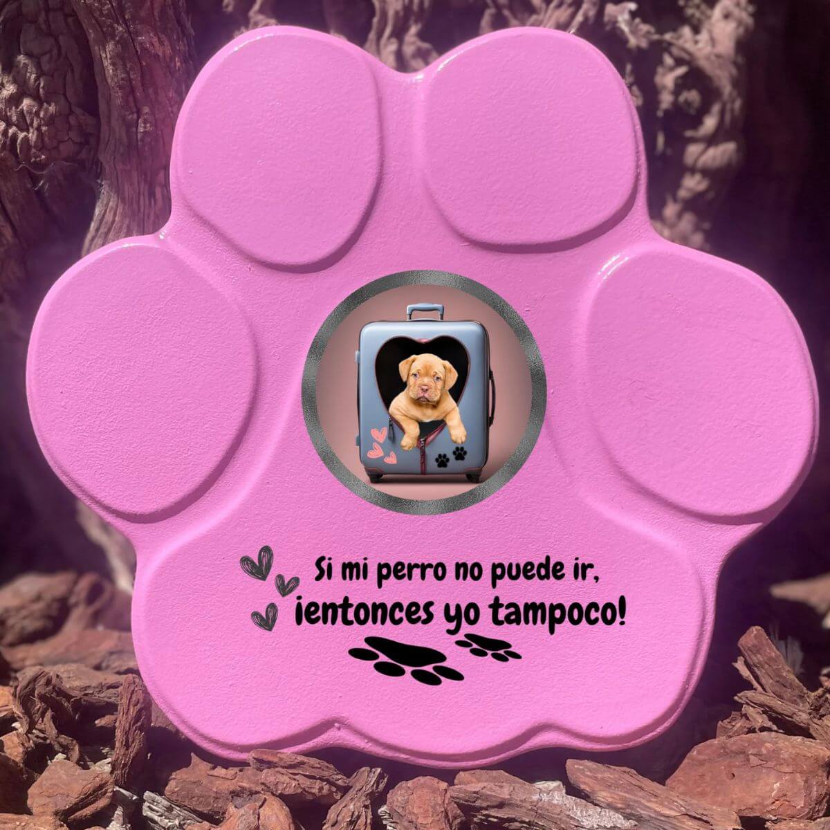 Regalo divertido con foto de perro en maleta, color rosa, tamaño grande, sin soporte