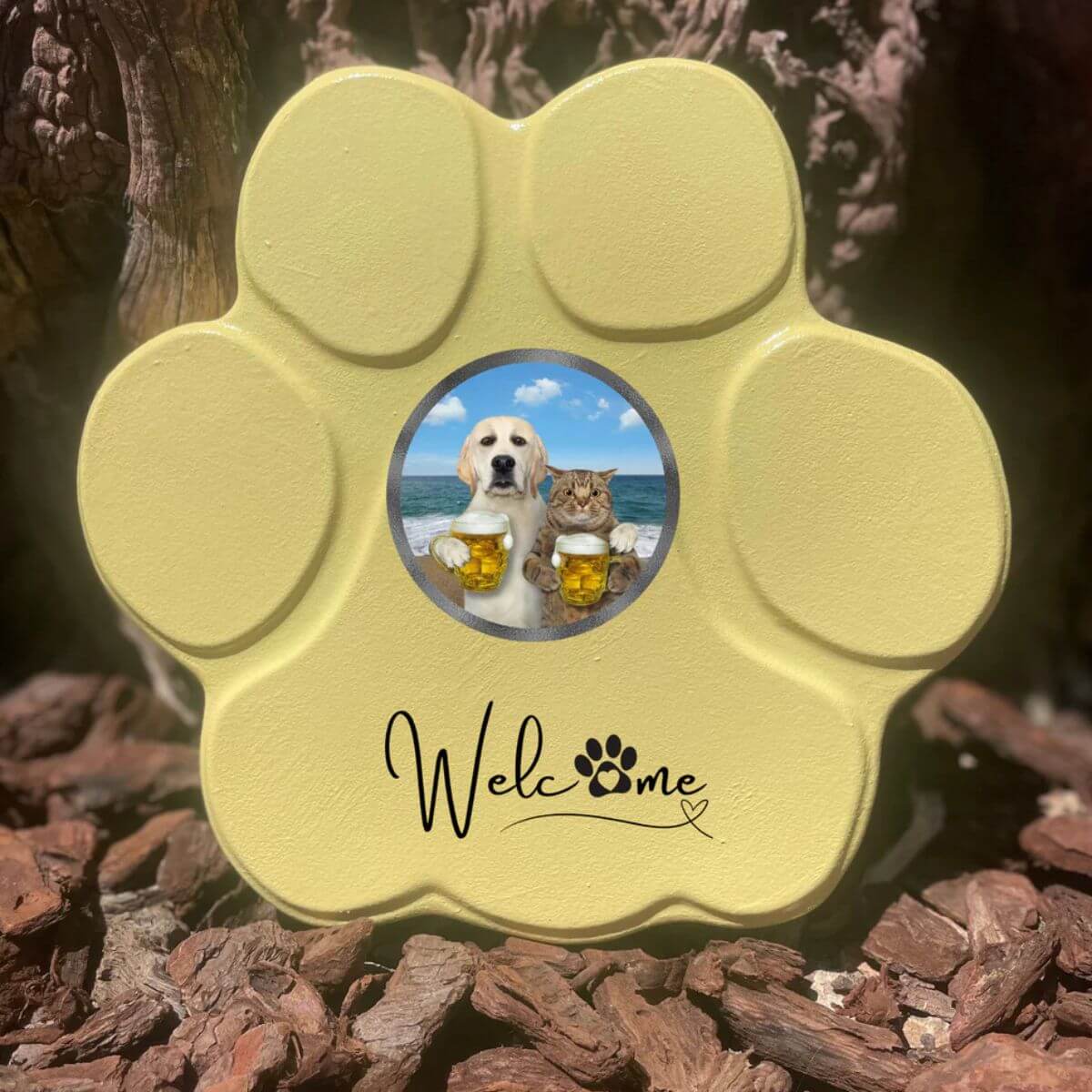 Huella personalizada amarillo mediano sin soporte, incluye imagen divertida de perro y gato. Regalo original y único para amantes de mascotas.
