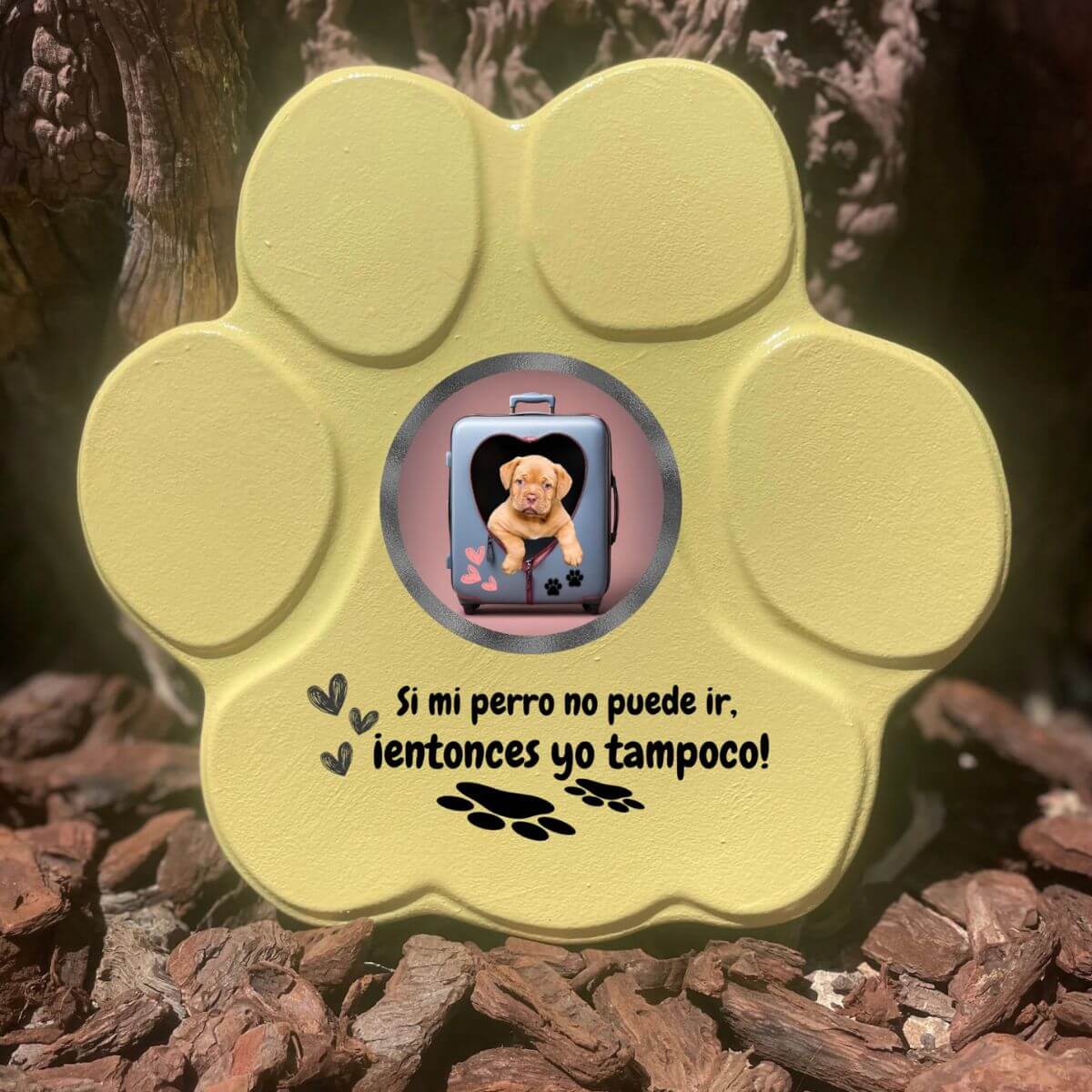 Regalo divertido con foto de perro en maleta, color amarillo, tamaño mediano, sin soporte