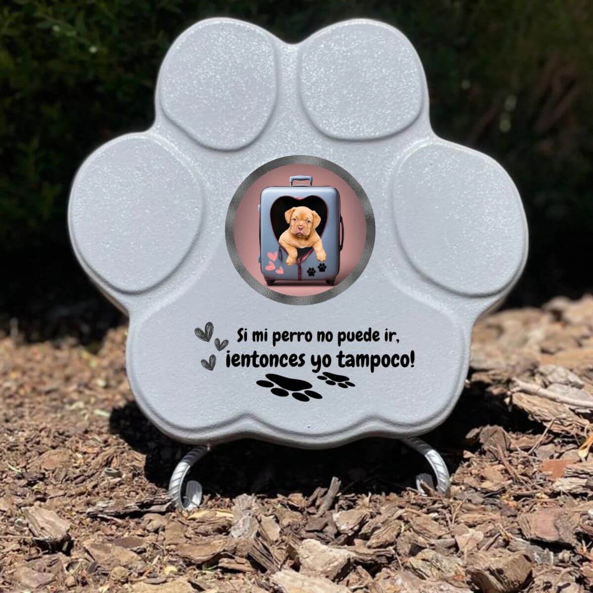 Regalo divertido con foto de perro en maleta, color gris, tamaño mediano, con soporte