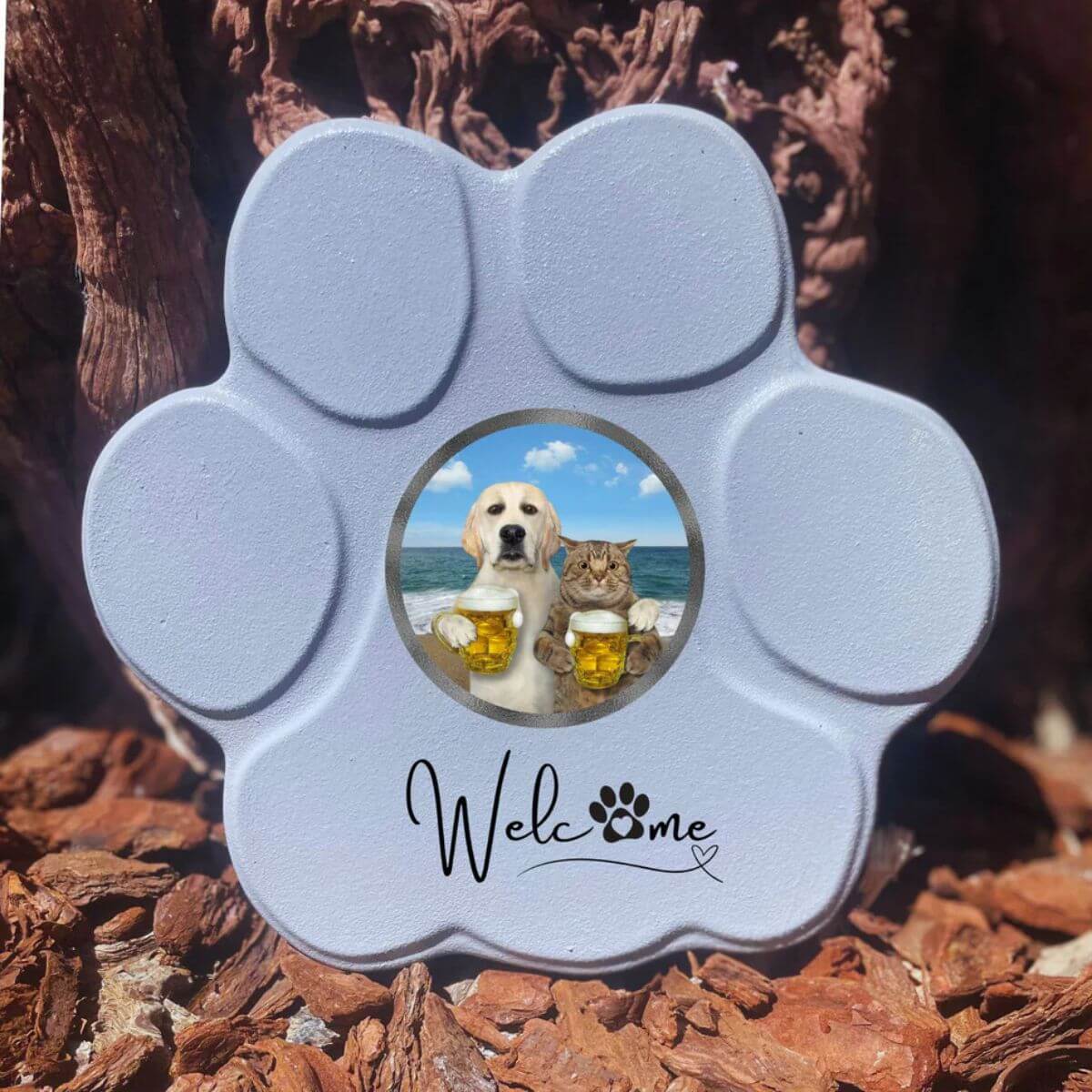 Huella personalizada gris mediano sin soporte, incluye imagen divertida de perro y gato. Regalo original y único para amantes de mascotas.