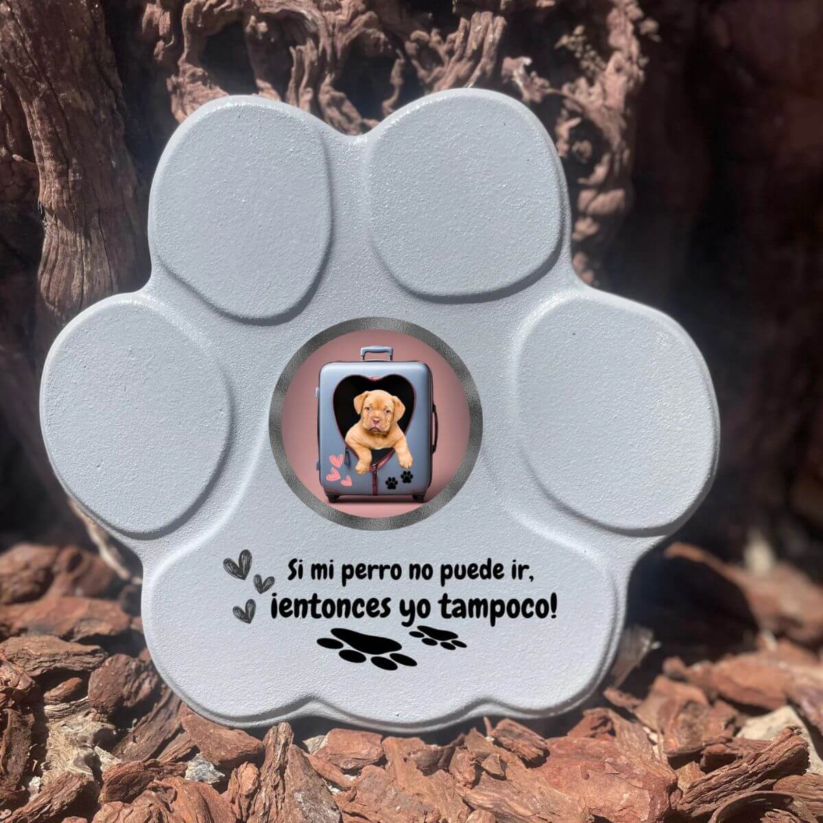 Regalo divertido con foto de perro en maleta, color gris, tamaño mediano, sin soporte