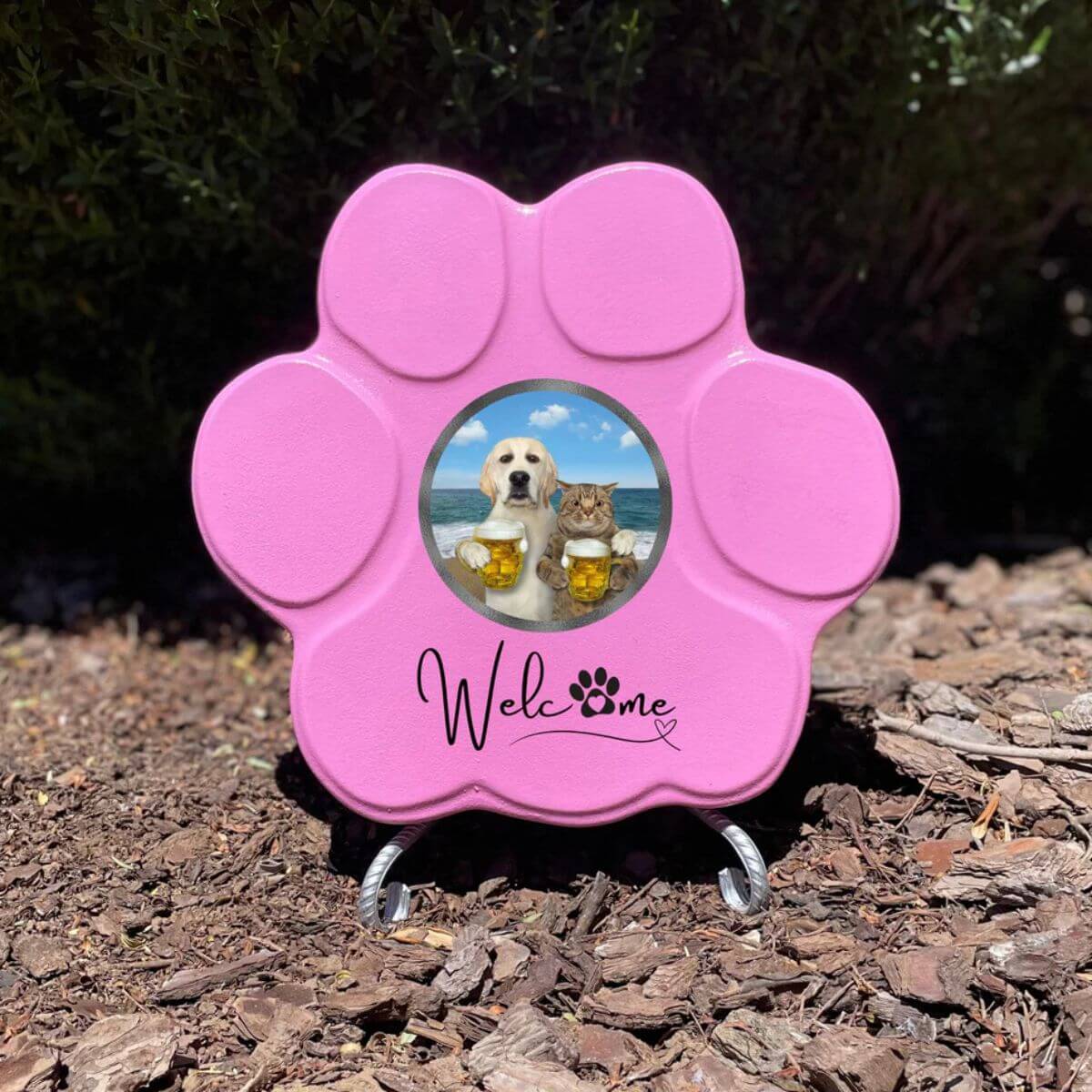 Huella personalizada rosa mediano con soporte, incluye imagen divertida de perro y gato. Regalo original y único para amantes de mascotas.