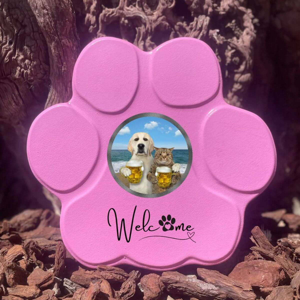 Huella personalizada rosa mediano sin soporte, incluye imagen divertida de perro y gato. Regalo original y único para amantes de mascotas.