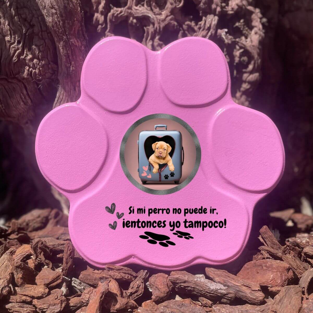 Regalo divertido con foto de perro en maleta, color rosa, tamaño mediano, sin soporte