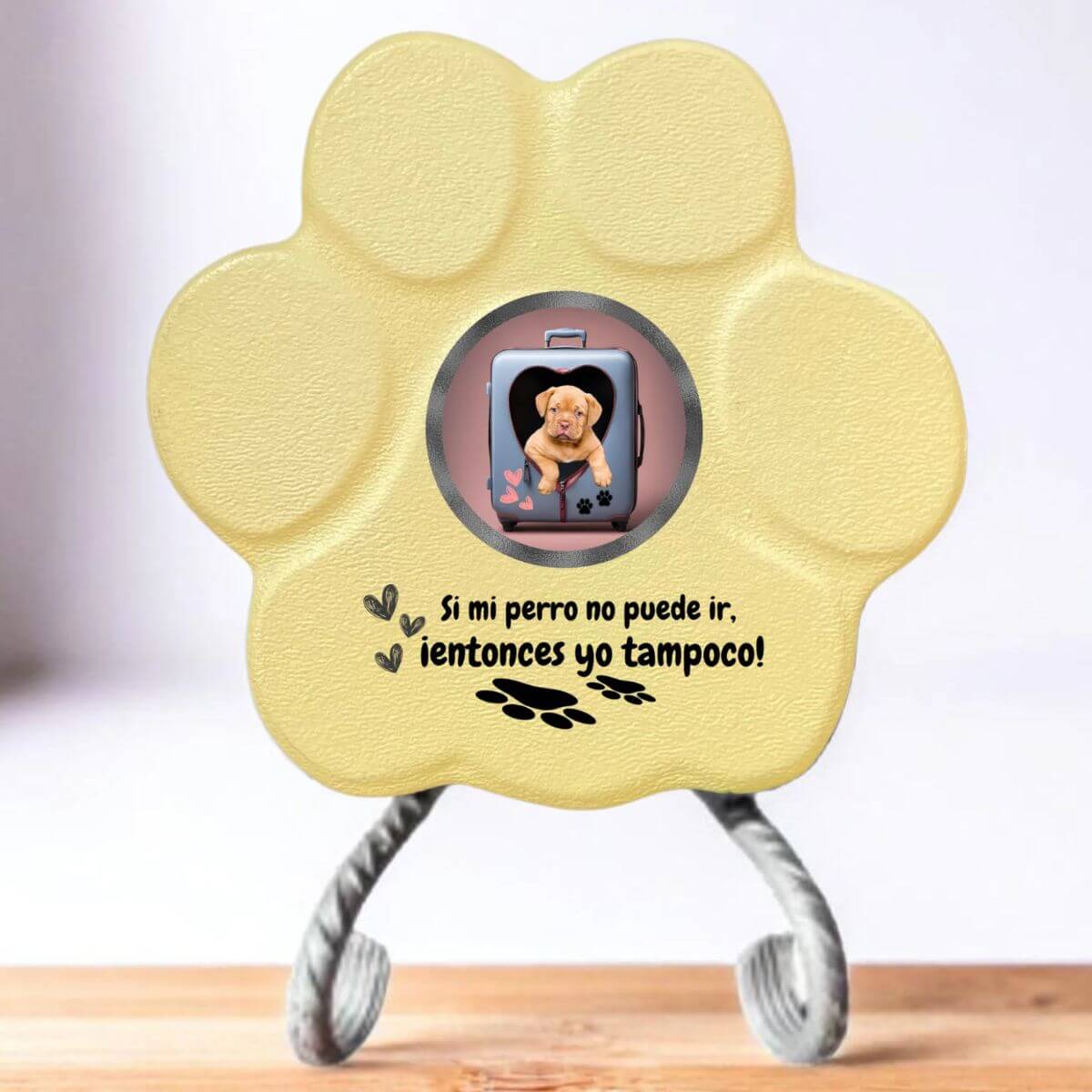 Regalo divertido con foto de perro en maleta, color amarillo, tamaño pequeño, con soporte