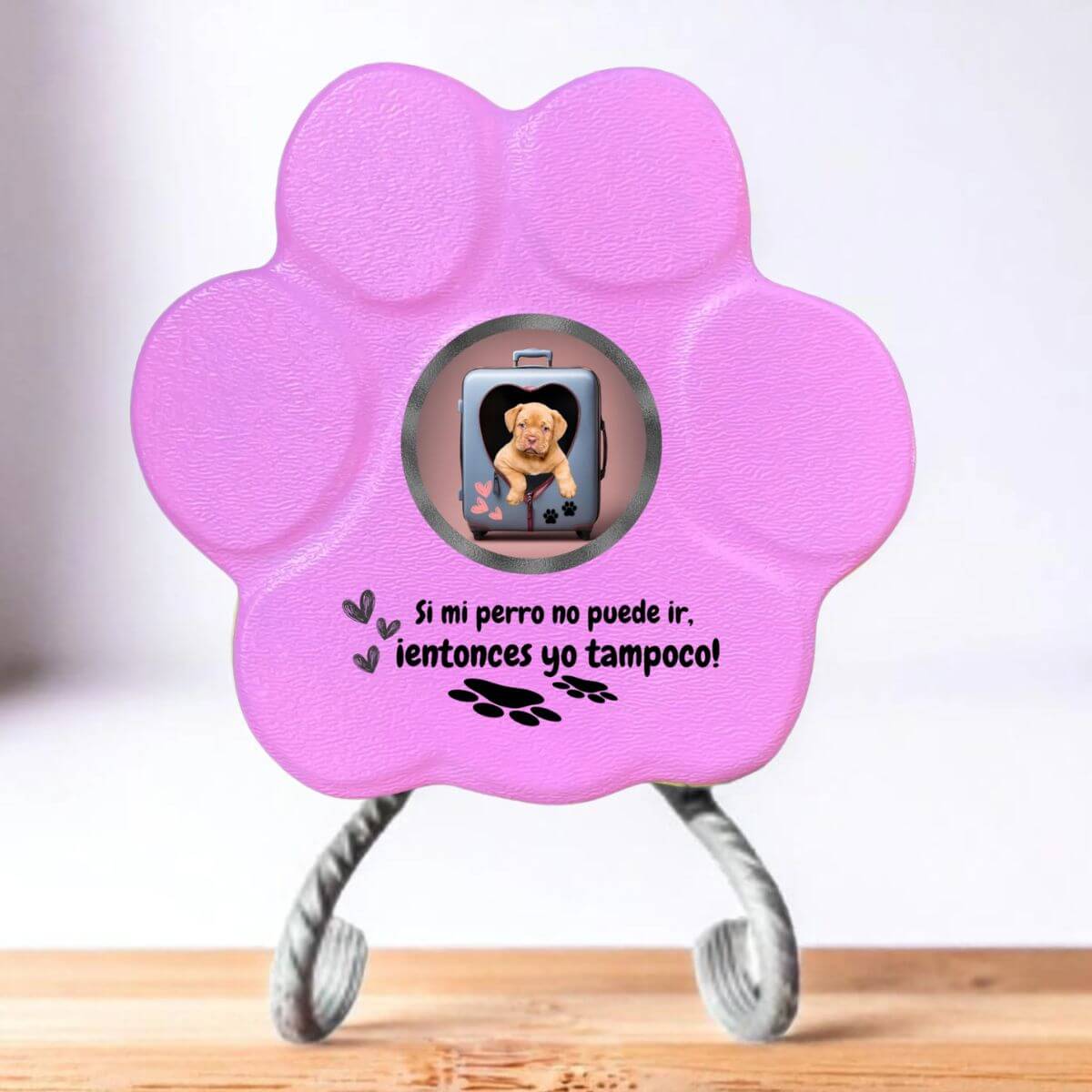 Regalo divertido con foto de perro en maleta, color rosa, tamaño pequeño, con soporte