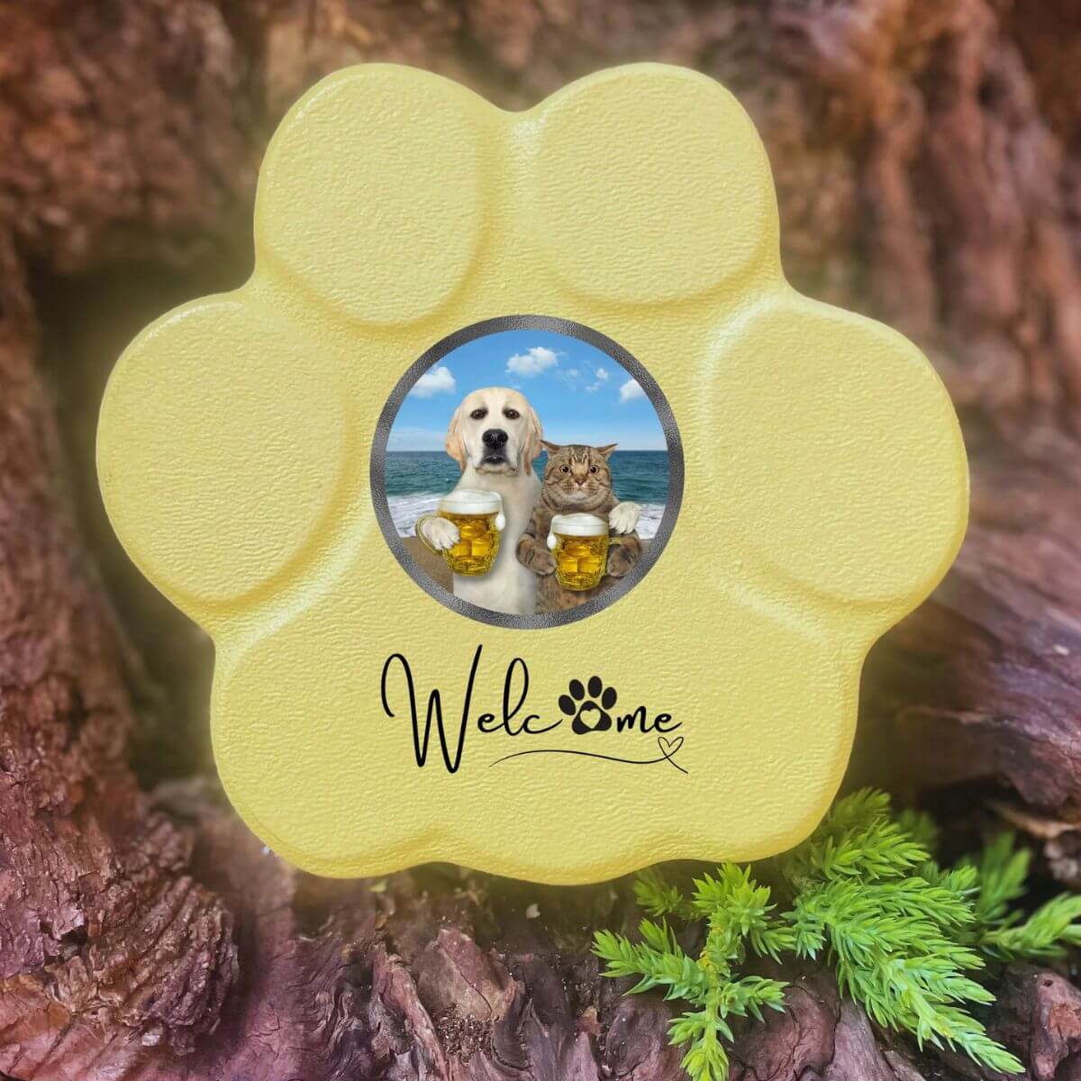 Huella personalizada amarillo pequeña sin soporte, incluye imagen divertida de perro y gato. Regalo original y único para amantes de mascotas.