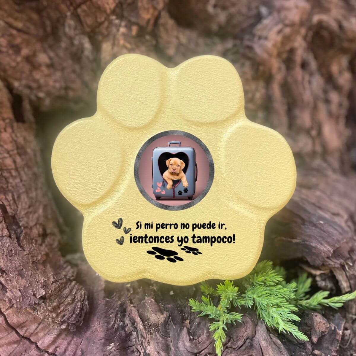Regalo divertido con foto de perro en maleta, color amarillo, tamaño pequeño, sin soporte