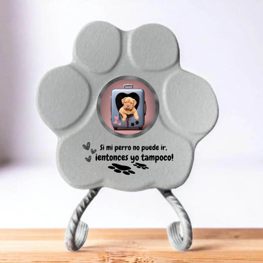 Regalo divertido con foto de perro en maleta, color gris, tamaño pequeño, con soporte