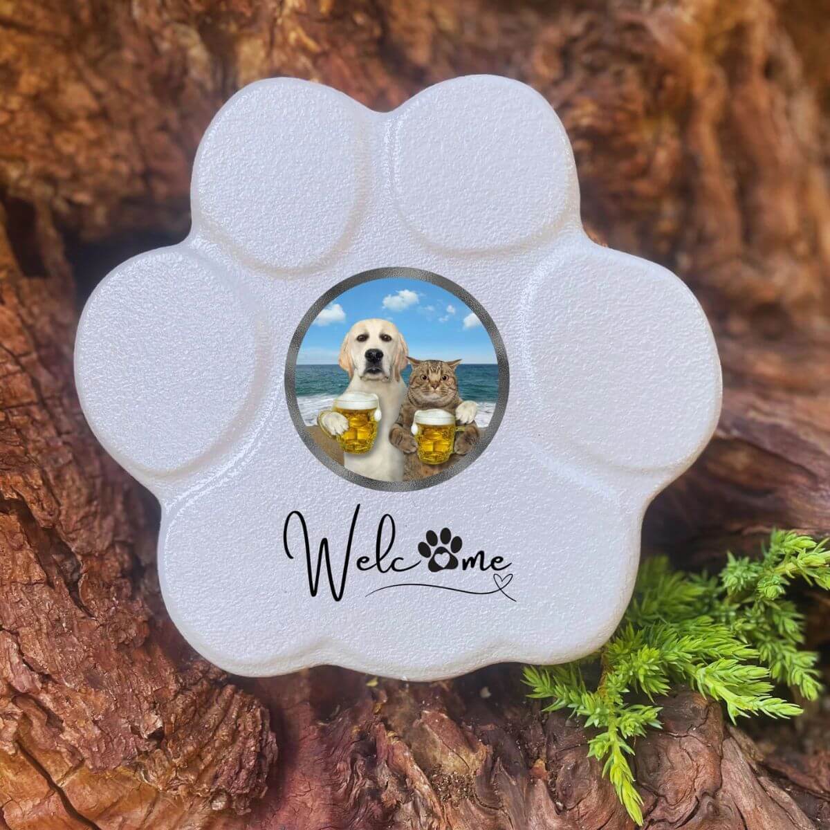 Huella personalizada gris pequeña sin soporte, incluye imagen divertida de perro y gato. Regalo original y único para amantes de mascotas.