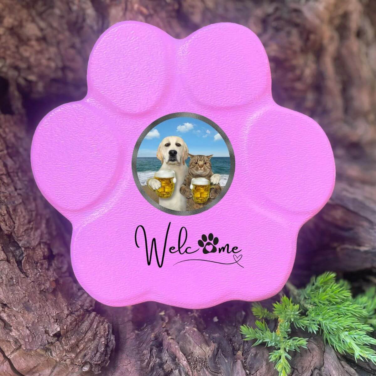Huella personalizada rosa pequeña sin soporte, incluye imagen divertida de perro y gato. Regalo original y único para amantes de mascotas.