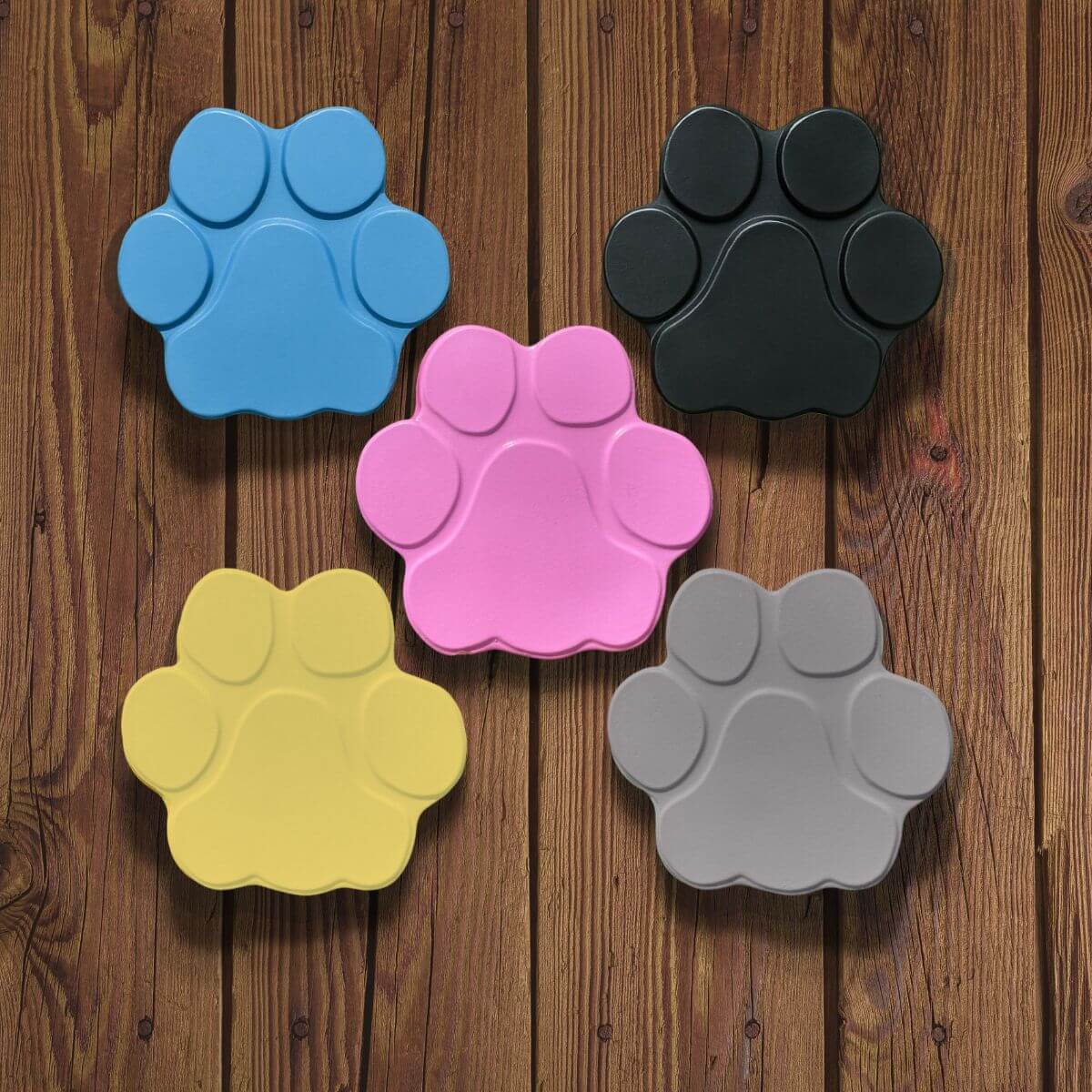 Cinco huellas de hormigón pintadas en colores azul, negro, rosa, amarillo y gris, dispuestas elegantemente sobre tarima de madera.