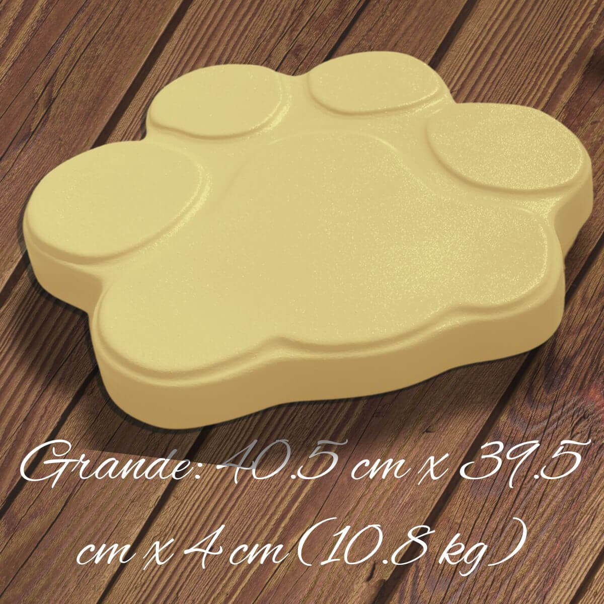 Huella de hormigón amarillo en vista 3D con medidas: 40.5 cm x 39.5 cm x 4 cm (10.8 kg), perfecta como paso decorativo para exteriores.