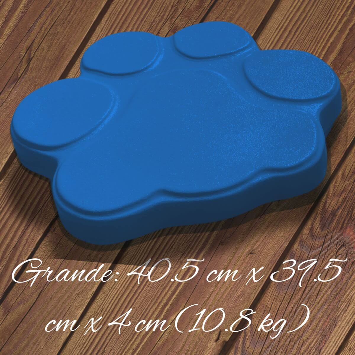 Huella de hormigón azul en vista 3D con medidas: 40.5 cm x 39.5 cm x 4 cm (10.8 kg), perfecta como paso decorativo para exteriores.