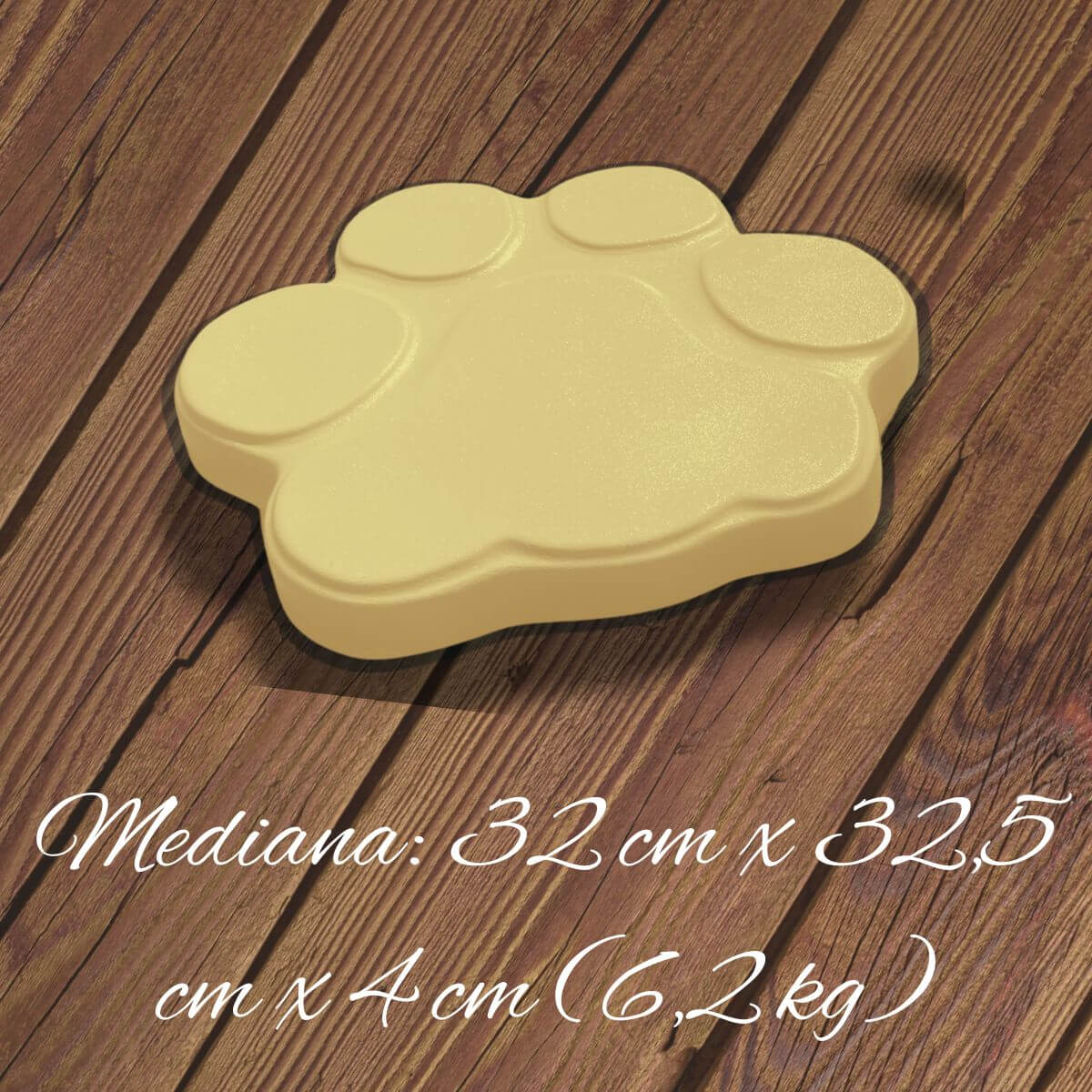 Huella de hormigón amarillo en vista 3D con medidas: 32 cm x 32.5 cm x 4 cm (6.2kg), perfecta como paso decorativo para exteriores.