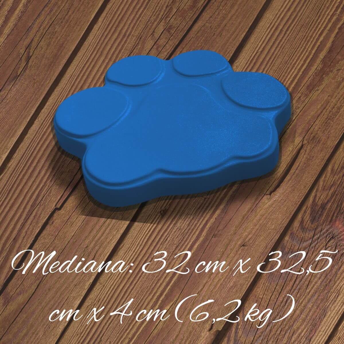 Huella de hormigón azul en vista 3D con medidas: 32 cm x 32.5 cm x 4 cm (6.2 kg), perfecta como paso decorativo para exteriores.