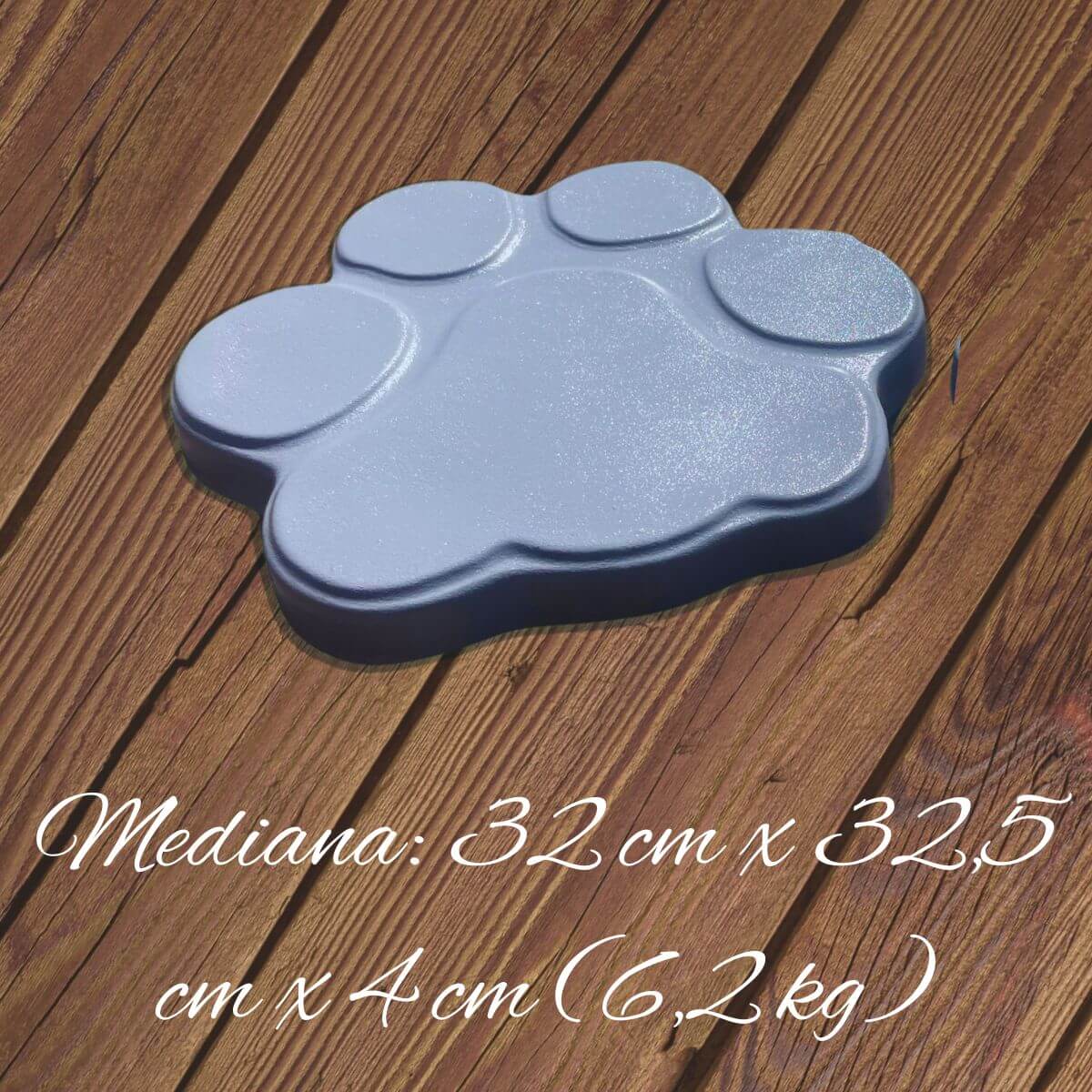Huella de hormigón gris en vista 3D con medidas: 32 cm x 32.5 cm x 4 cm (6.2kg), perfecta como paso decorativo para exteriores.