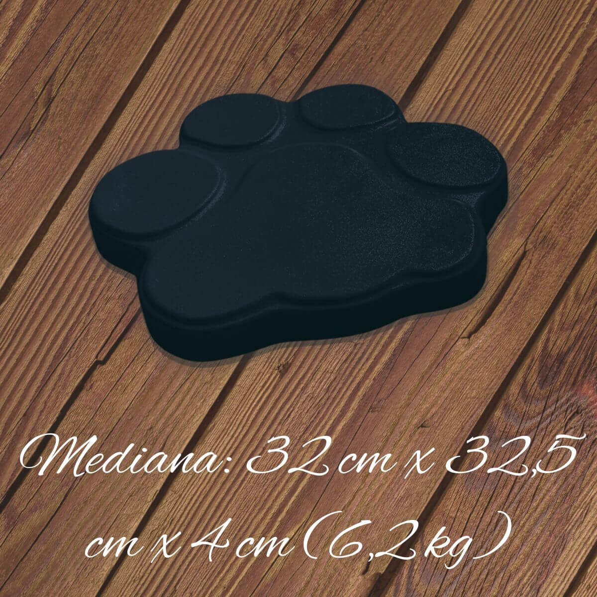 Huella de hormigón negro en vista 3D con medidas: 32 cm x 32.5 cm x 4 cm (6.2kg), perfecta como paso decorativo para exteriores.