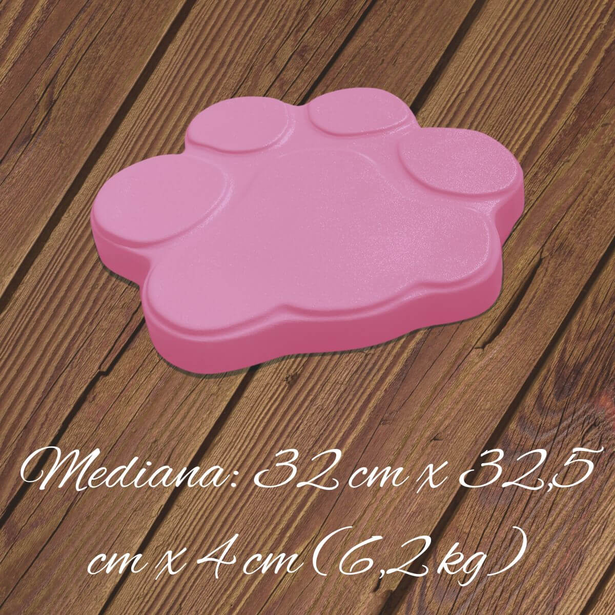Huella de hormigón rosa en vista 3D con medidas: 32 cm x 32.5 cm x 4 cm (6.2g), perfecta como paso decorativo para exteriores.