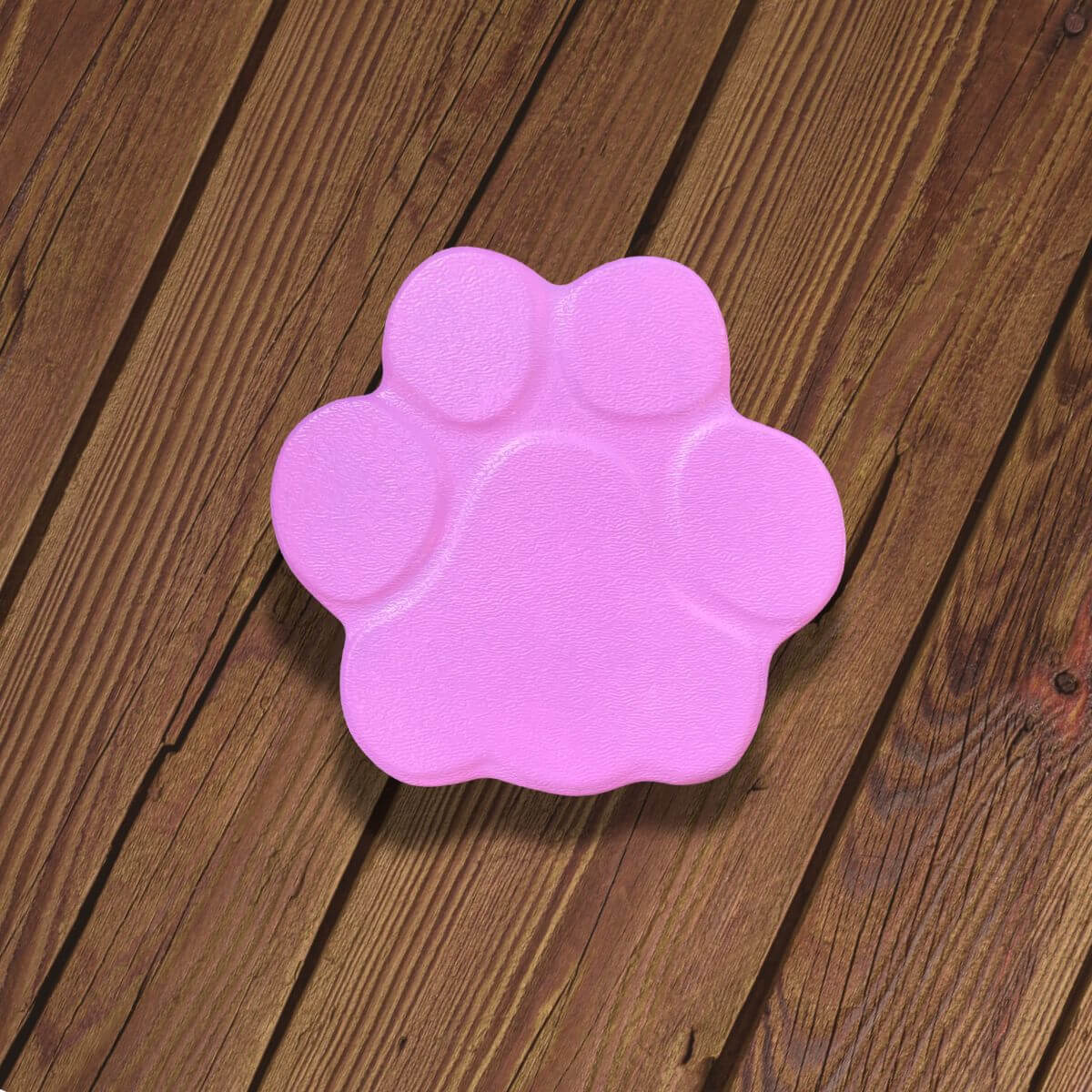 Vista frontal de una huella de hormigón rosa pintada, ideal como baldosa decorativa o conmemorativa para jardín.