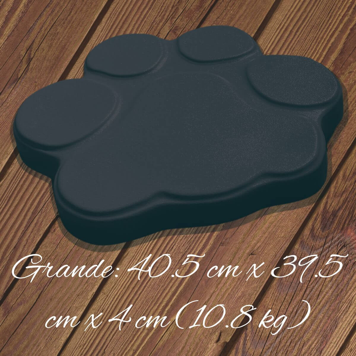 Huella de hormigón negro en vista 3D con medidas: 40.5 cm x 39.5 cm x 4 cm (10.8 kg), perfecta como paso decorativo para exteriores.