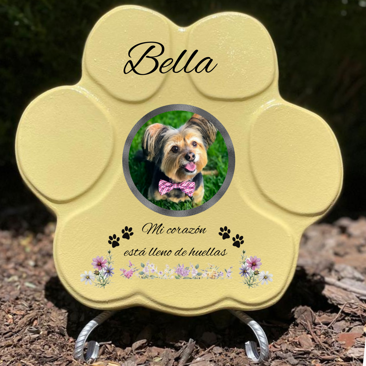 Lápida amarilla grande con soporte, personalizada con nombre, imagen y mensaje