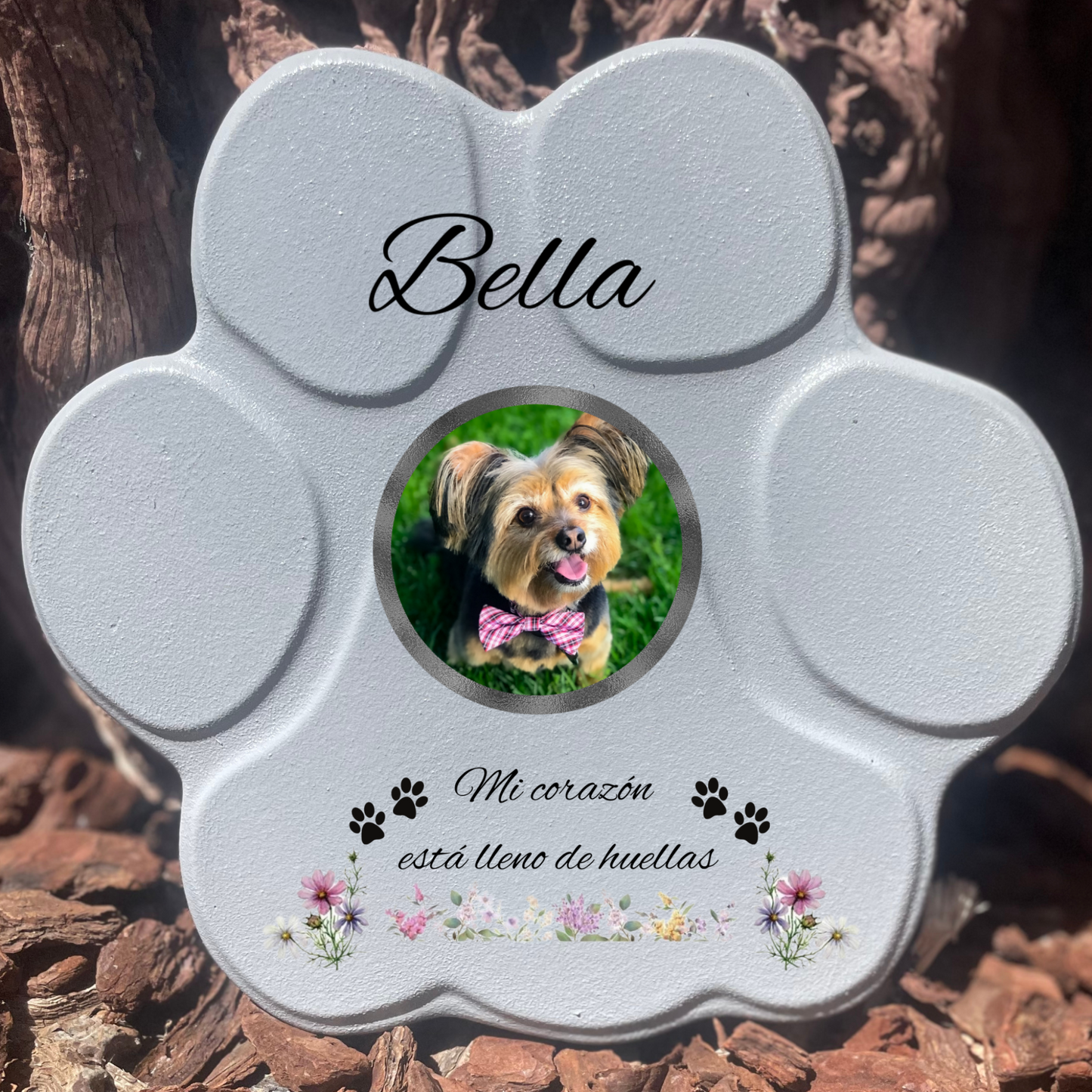 Lápida grande gris sin soporte, con foto y frase emotiva en inglés – tributo para mascota